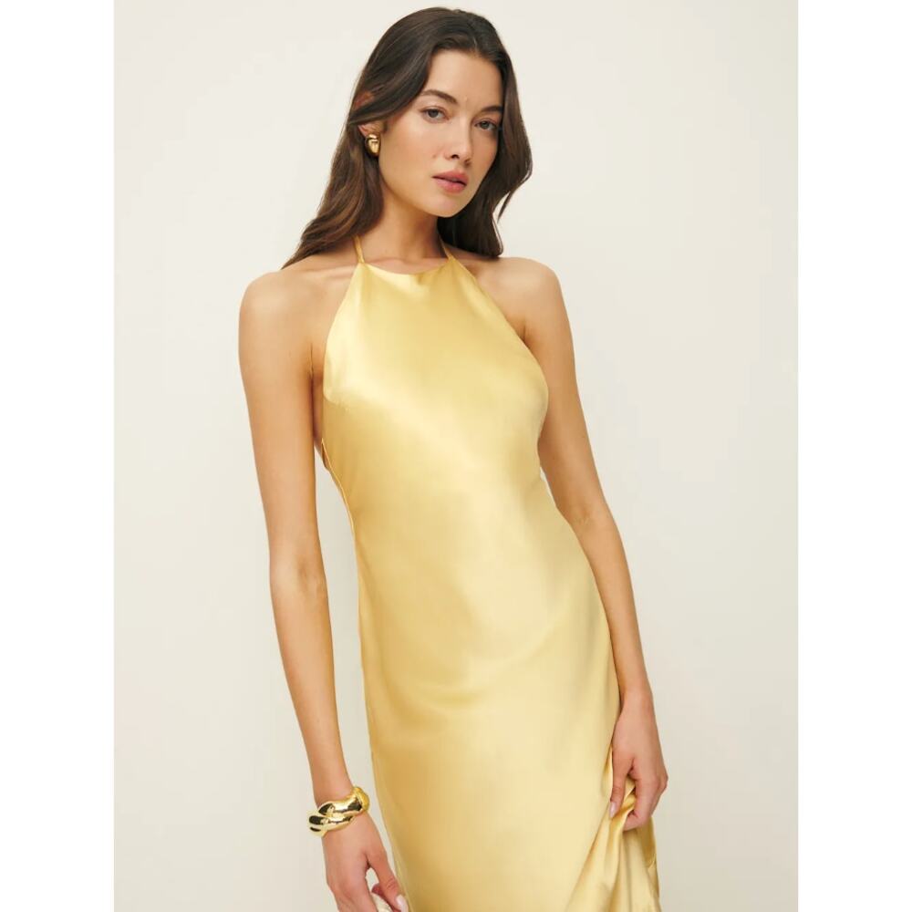 Reformation Jeany Silk Halter Open Back Maxi Dress Sunshine Satin Yellow Size XL - Picture 2 of 15